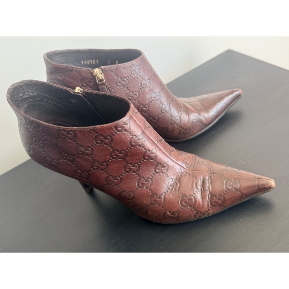 Gucci Guccissima GG Leather Ankle Booties Heels 9 / 9B Vintage Y2K Brown Italy - Picture 3 of 16